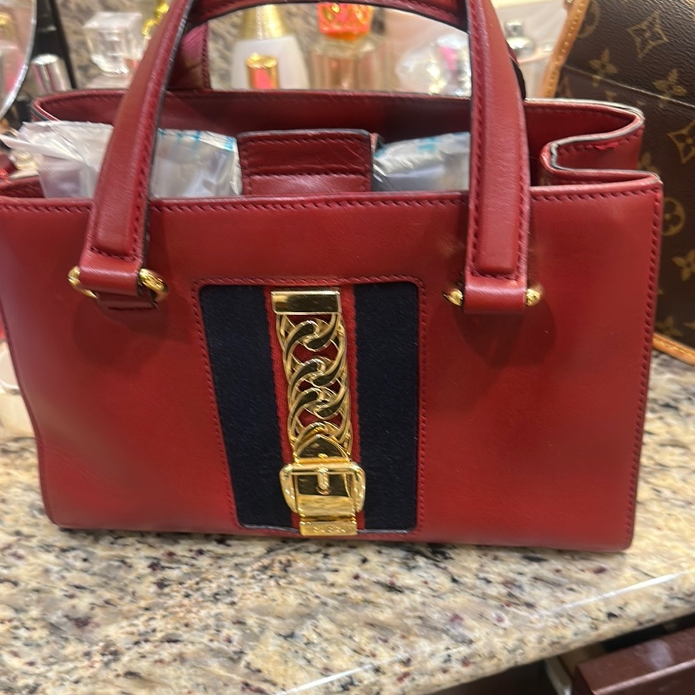 Gucci Red and Black Satchel with Gold Detail